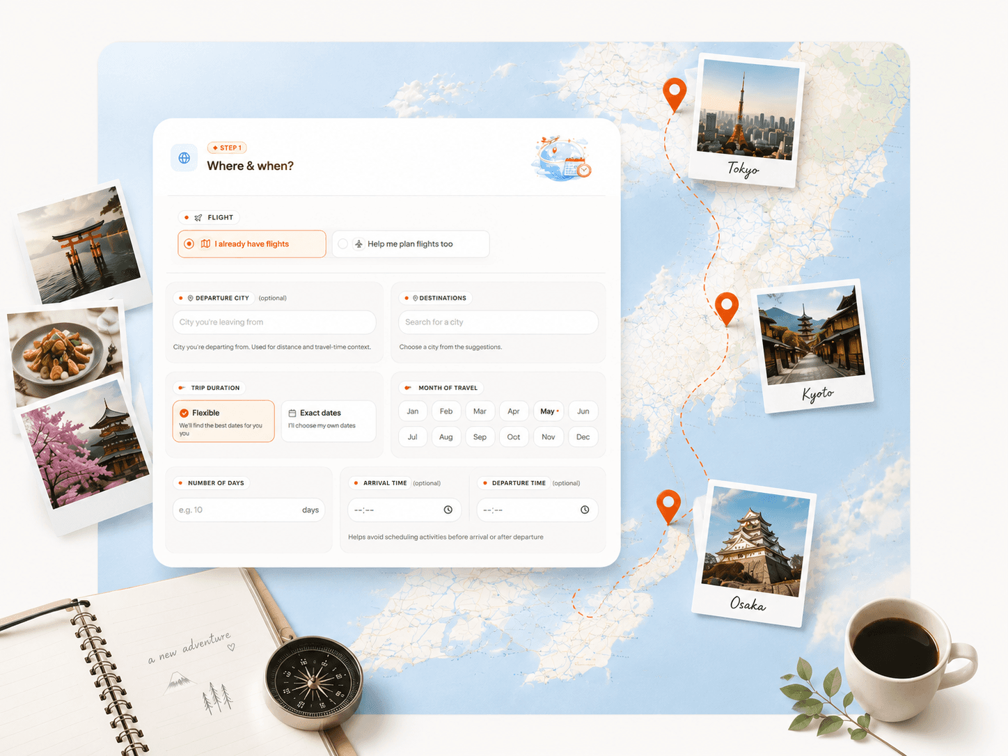 New trip planner form over a map with an optimized multi-city route