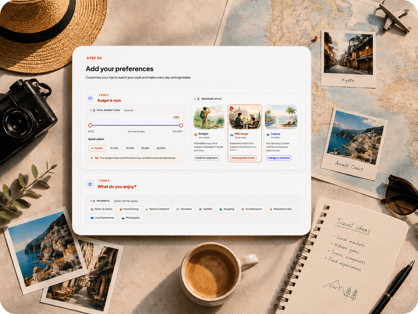 Trip preferences form with budget, pace, interests, and must-do selections
