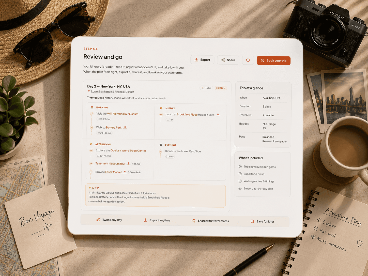 Trip itinerary review screen with day details, save, and export options
